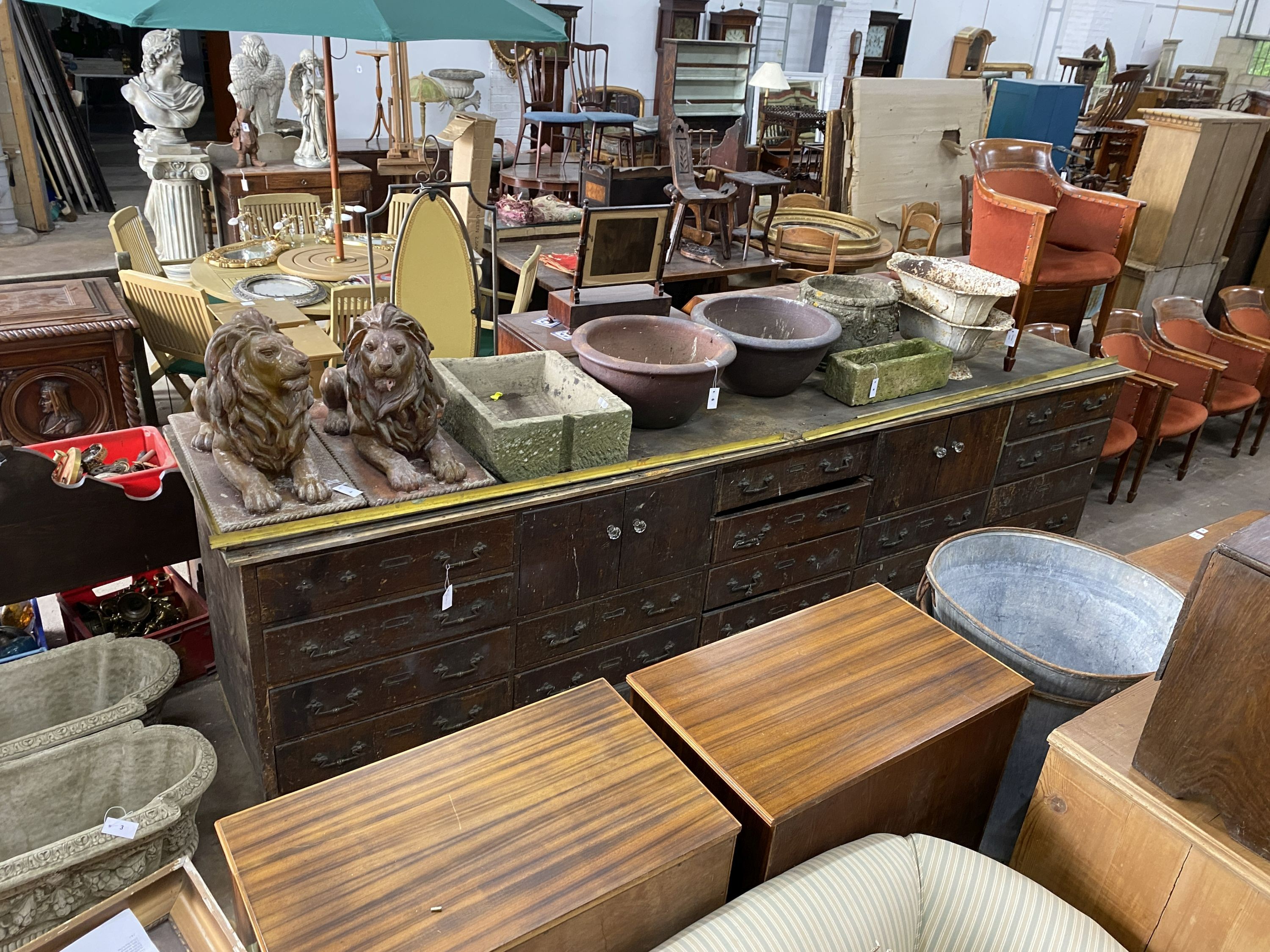 A Victorian and later brass mounted shop counter, length 361cm, depth 77cm, height 90cm